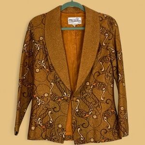 Vtg Alfred Shaheen Peacock Patterned Shimmery Blazer